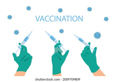 flat illustration, iconic poster of covid-19 vaccination site Shows the characteristics of hand holding syringes in various forms.