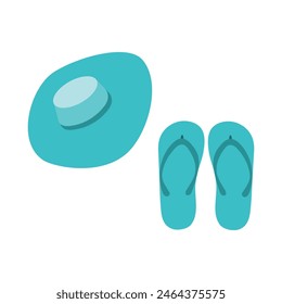 A flat illustration of the icons of a turquoise summer hat and a flip-flop on a white background.