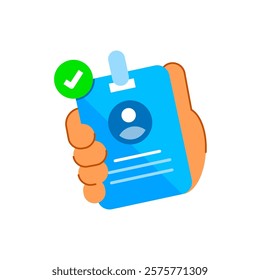 Flat illustration of an ID card with a check mark icon. Saved information or stay logged in functionality. Perfect for user friendly app interfaces and account management features