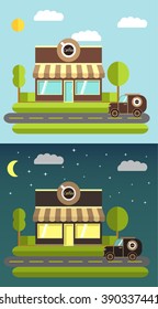 flat illustration with the image of a coffee house and the car on delivery and sale of coffee.Facade of a coffee shop store or cafe.Flat design coffee on wheels.flat picture car delivering.