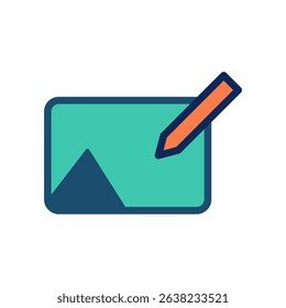 Flat illustration of an image editing icon with a pencil over a landscape frame, representing creative photo modification tools