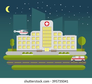 flat Illustration with the image of hospital night of the car of ambulance and the helicopter of the emergency services