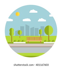 Flat illustration with the image of park with a bench and trees in the afternoon. Natural landscape in the flat style.