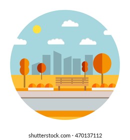 Flat illustration with the image of park with a bench and trees.  Natural landscape in the flat style.Autumn landscape of the city park