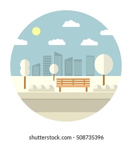 Flat illustration with the image of park with a bench and trees in the afternoon.Winter landscape.beautiful winter city park with town building background.Evening in the park.