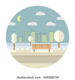 Flat illustration with the image of park with a bench and trees in the afternoon.Winter landscape.beautiful winter city park with town building background.Afternoon in the park