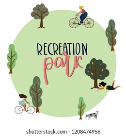 Flat illustration with the image of a park of rest and people in it: girls on bicycles, a dog, a resting girl under a tree.