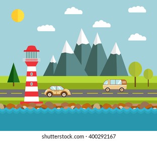 Flat illustration with the image of the sea with a beacon of cars and mountains