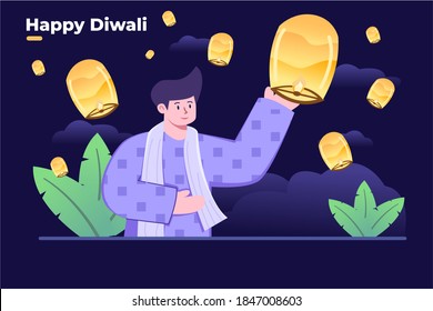 Flat illustration India Hindu Diwali light festival celebration with people flying the light lantern or lampion at nighttime. Happy India person celebrate Diwali Holiday.