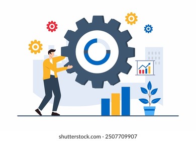 Flat illustration of individual carrying giant cogwheel, symbolizing organizational alignment and process optimization