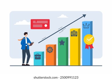 Flat illustration of individual charting course through different career stages with directional arrows