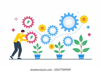 Flat illustration of individual planting seeds in gear-shaped garden symbolizing sustainable growth and productivity