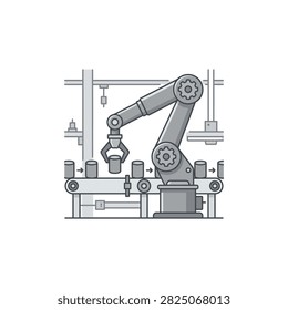 A flat illustration of an industrial robotic arm operating on a manufacturing assembly line with products moving on a conveyor belt
