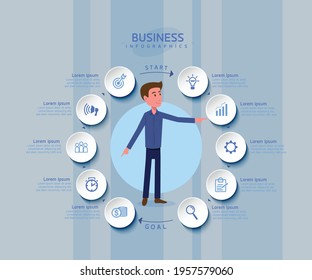 Flat illustration infographics design template, business information, presentation chart, with 10 options or steps. 