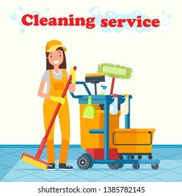 Flat Illustration Inscription Cleaning Service. Girl Housekeeping Worker Stands with Equipment and Smiles. Ordering Service Cleaning and Disinfecting Premises. Professional Equipment for Cleaning.