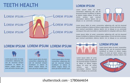 Flat Illustration Inscription Teeth Health, Slide. Tooth Decay and Improper Oral Care. Installation Single and Double Pin in Tooth. Alignment Teeth with Help Braces. Smile Healthy Mouth.