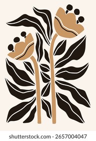 Flache Illustration, inspiriert von Henri Matisses, geschnitten Stil mit Vektormonochromen abstrakten Blumen und Blättern, handgezeichnet und einzeln auf weißem Hintergrund. 