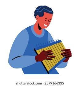 A flat illustration of an instrumentalist playing kalimba