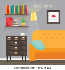 El interior de la ilustración plana. Habitación decorada con un sofá, una lámpara, una almohada, un estante, una estantería, un libro y una cómoda.