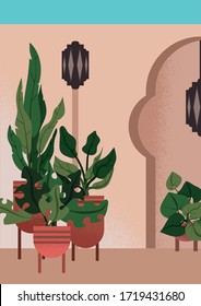 Flat illustration of interior garden in moroccan style, with fake alcove, oriental lanterns and plants in ceramic pots, for ones, who would like to escape to desert fairy-tale