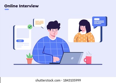 Flat Illustration Interview With Online Video Call, Social Distance Job Interview, Virtual Interview Process During Covid-19 Coronavirus Pandemic, Job Interview Remotely With Video Call Using Laptop.