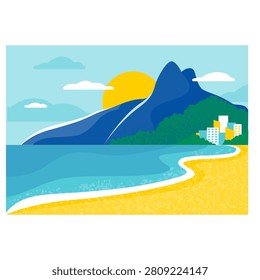 Flat illustration of Ipanema featuring iconic coastal scenery and urban lifestyle elements