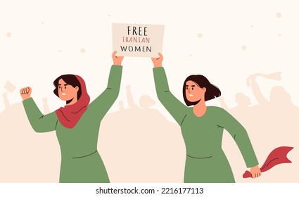 Flat Illustration Of Iranian Women Protesting For Freedom And Rights. Protesters With Poster And Crowd Behind. 