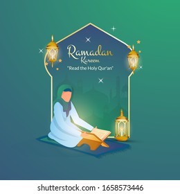 Flat illustration of Islamic concept background, Reading a Holy Quran