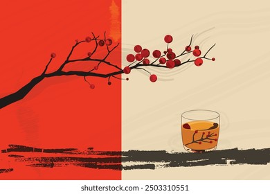 A flat illustration of an isolated branch with red berries and tea in a glass, against a red background with white space on the left side. Chinese ink painting style. Vector illistrator.