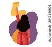 Flat illustration isolated on white background. Female worker applying new color, painting during home renovation, decorating room interior. Painter decorating wall with paint, brush and roller.