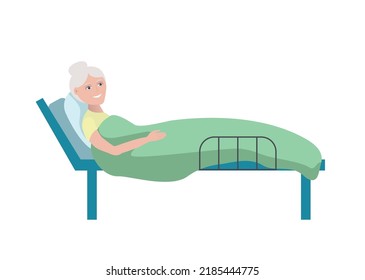 Ilustración plana aislada en fondo blanco. La anciana en la cama sonríe. Paciente hospitalizado.