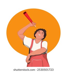 Flat illustration isolated on white background. Portrait of boy holding party trumpet, celebrating Christmas and New Years Party.