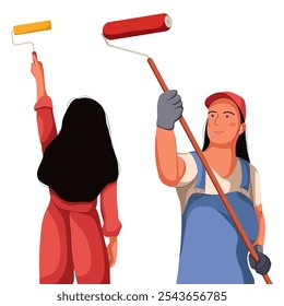 Ilustração plana isolada sobre fundo branco. Trabalhadores aplicando nova cor, pintura durante a renovação da casa, decoração interior da sala. Pintor parede de decoração com tinta, escova e rolo.