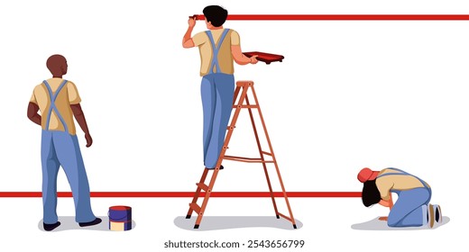 Ilustração plana isolada sobre fundo branco. Trabalhadores aplicando nova cor, pintura durante a renovação da casa, decoração interior da sala. Pintor parede de decoração com tinta, escova e rolo.