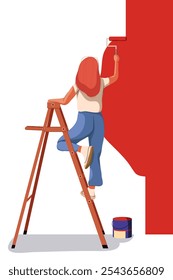 Flat illustration isolated on white background. Female worker applying new color, painting during home renovation, decorating room interior. Painter decorating wall with paint, brush and roller.