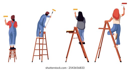 Ilustração plana isolada sobre fundo branco. Trabalhadores aplicando nova cor, pintura durante a renovação da casa, decoração interior da sala. Pintor parede de decoração com tinta, escova e rolo.