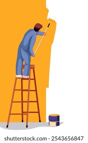 Ilustração plana isolada sobre fundo branco. Trabalhador masculino aplicando nova cor, pintura durante a renovação da casa, decoração interior da sala. Pintor parede de decoração com tinta, escova e rolo.