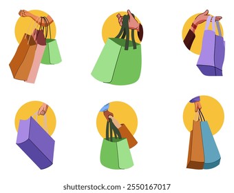 Ilustração plana isolada sobre fundo branco. Segurando a mão, carregando sacola de compras. Comprador com as mãos na mão. Mãos de ilustração plana com sacos de compras.