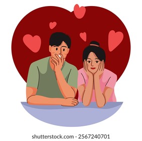 Flat illustration isolated on white background, people giving and sharing love, sitting, hugging, standing, embracing, dating. Men and women dating. Dating Couple in valentine day