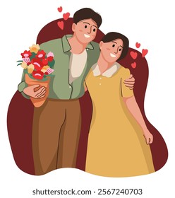 Flat illustration isolated on white background, people giving and sharing love, sitting, hugging, standing, embracing, dating. Men and women dating. Dating Couple in valentine day