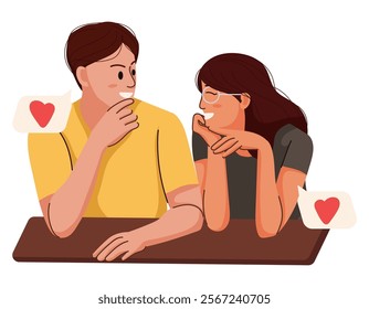 Flat illustration isolated on white background, people giving and sharing love, sitting, hugging, standing, embracing, dating. Men and women dating. Dating Couple in valentine day