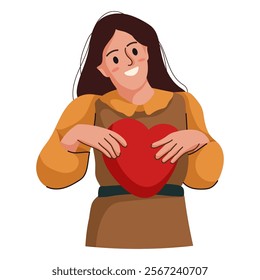 Flat illustration isolated on white background, women hugging heart and sharing love, care, hugging, standing, embracing, dating.Women love herself. Women in valentine day