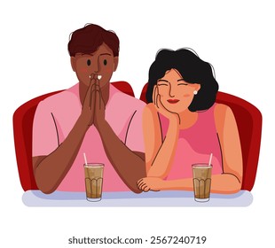 Flat illustration isolated on white background, people giving and sharing love, sitting, hugging, standing, embracing, dating. Men and women dating. Dating Couple in valentine day