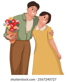 Flat illustration isolated on white background, people giving and sharing love, sitting, hugging, standing, embracing, dating. Men and women dating. Dating Couple in valentine day