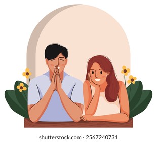 Flat illustration isolated on white background, people giving and sharing love, sitting, hugging, standing, embracing, dating. Men and women dating. Dating Couple in valentine day