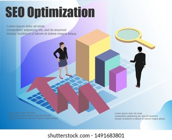 Flat illustration with isometric. Computer monitor icon vector illustration. Concept seo business vector illustration. Isometric people vector