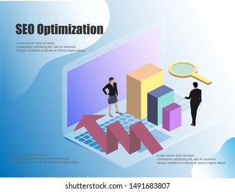 Flat illustration with isometric. Computer monitor icon vector illustration. Concept seo business vector illustration. Isometric people vector