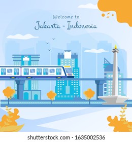 Flat illustration of Jakarta city with a view of MRT or mass rapid transportation and the city landscape