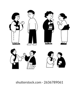 flat illustration of Japanese characters in traditional clothing engaged in Social Interaction
