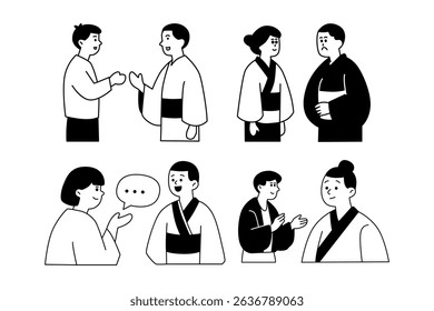 flat illustration of Japanese characters in traditional clothing engaged in Social Interaction